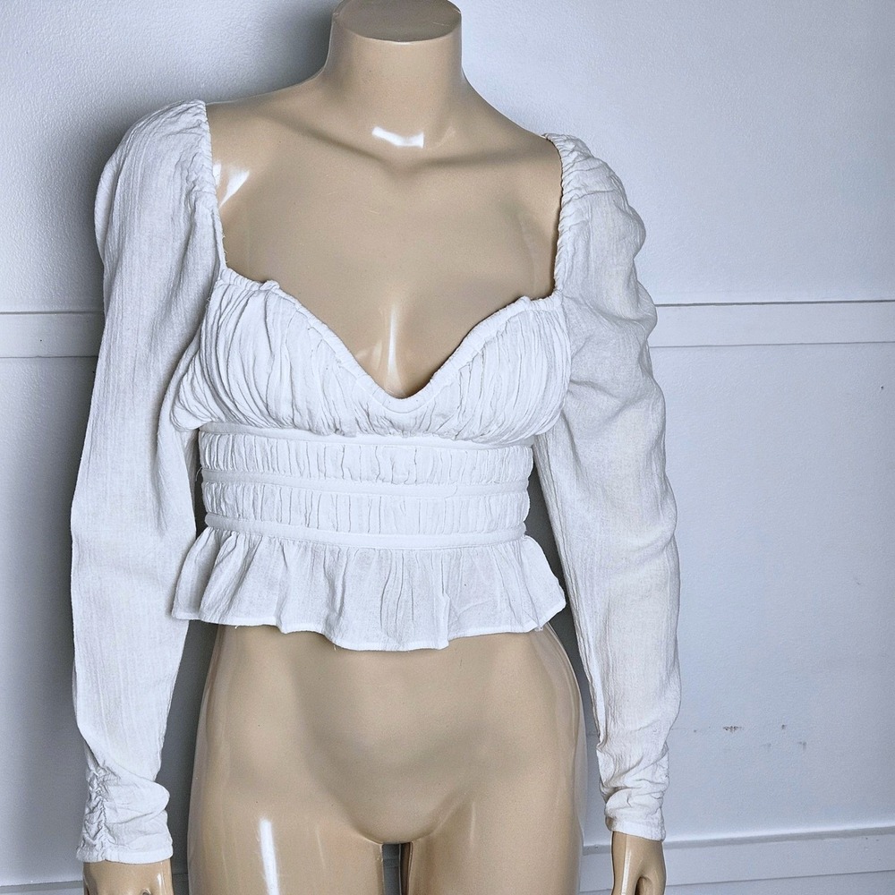 Free People Chloe White Shirred Smocked Peplum Crop Top Long Sleeve Ruched XS